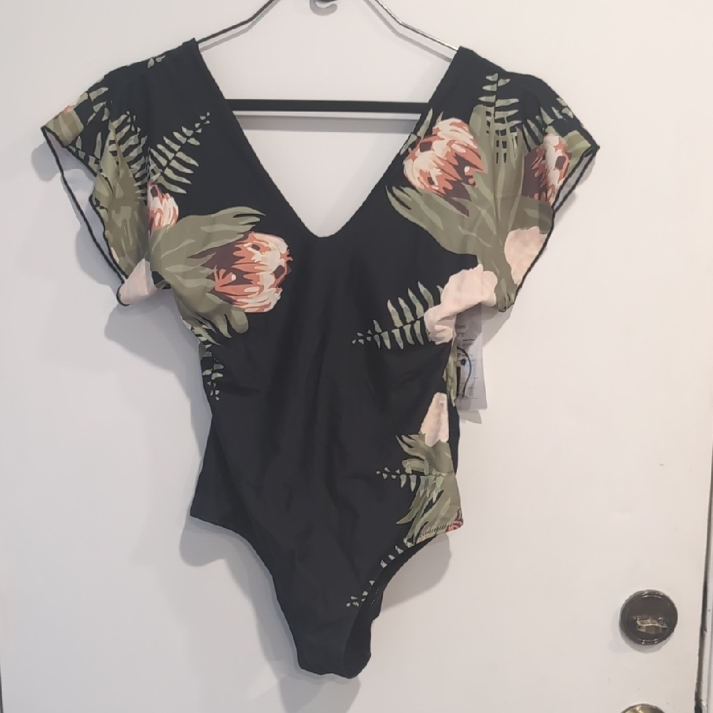 New Byinns Black Floral Swimsuit One Piece Size Small Ruffle Sleeve
